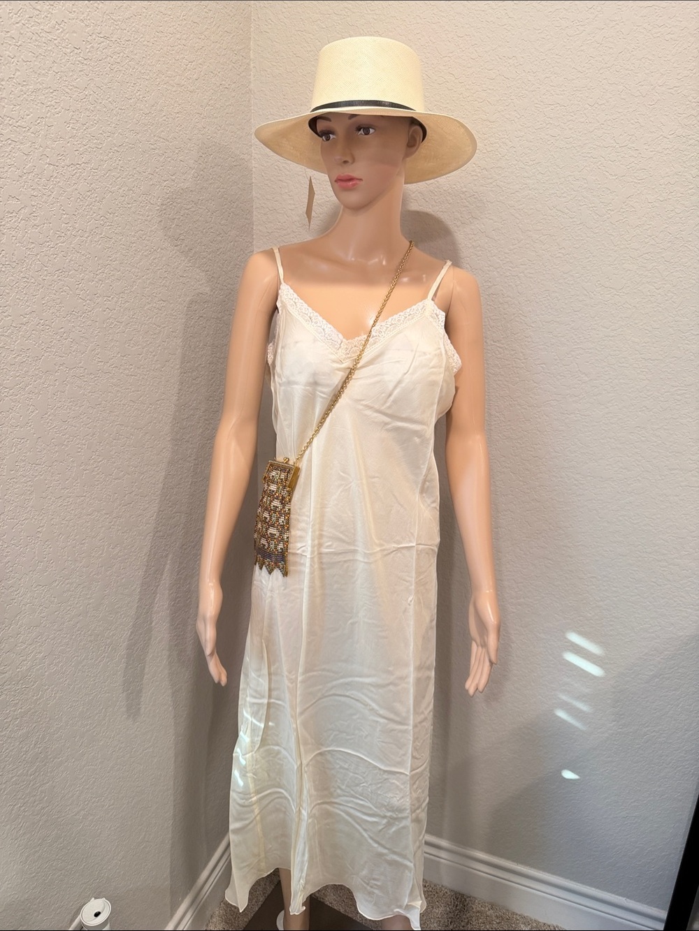 NWT Johnny Was Cream Lace-Trim Slip Dress,100% silk.